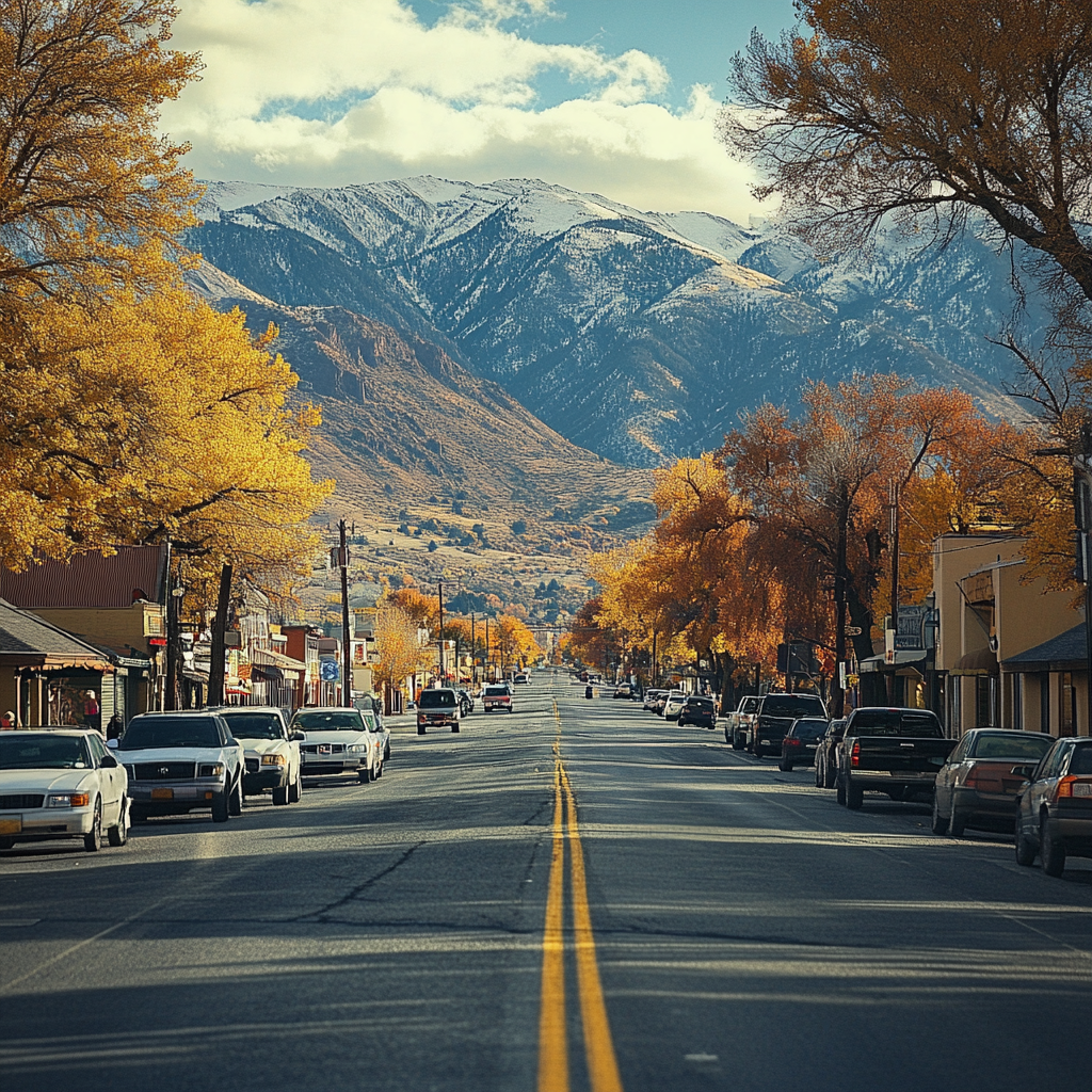 Small mountain town with dense forests and distant peaks