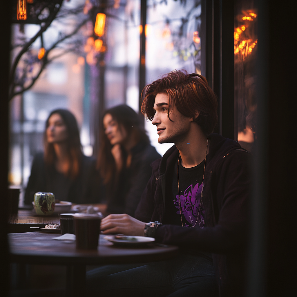 Charming young man with tousled brown hair and confident smile in a coffee shop setting