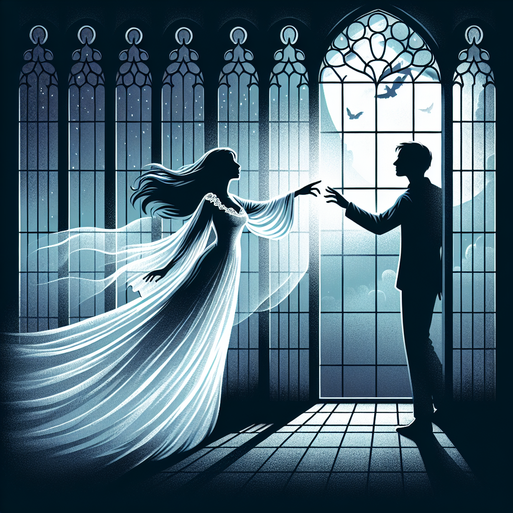 A misty, ethereal figure of a woman in flowing white dress reaching toward a living person silhouetted against moonlight streaming through gothic windows, representing the supernatural connection between the living and dead in ghost romance literature