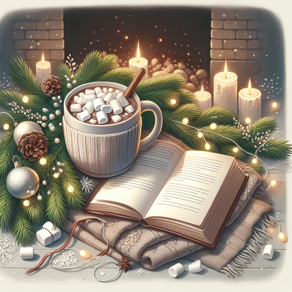A cozy winter scene featuring an open romance novel beside a steaming mug of hot chocolate with marshmallows, surrounded by twinkling Christmas lights, pine branches, and a softly glowing fireplace in the background