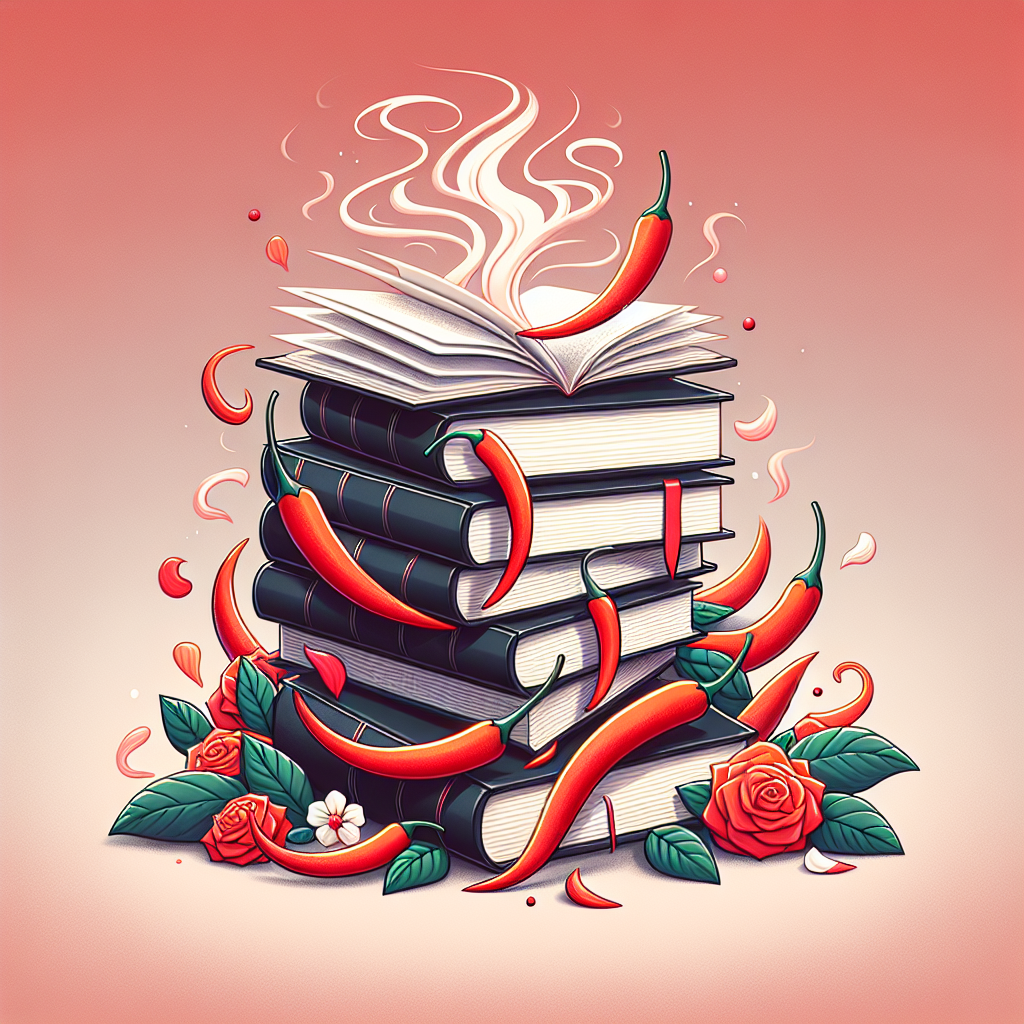 Stack of romance novels with steam or heat waves rising from the pages, surrounded by red chili peppers and rose petals on a romantic background