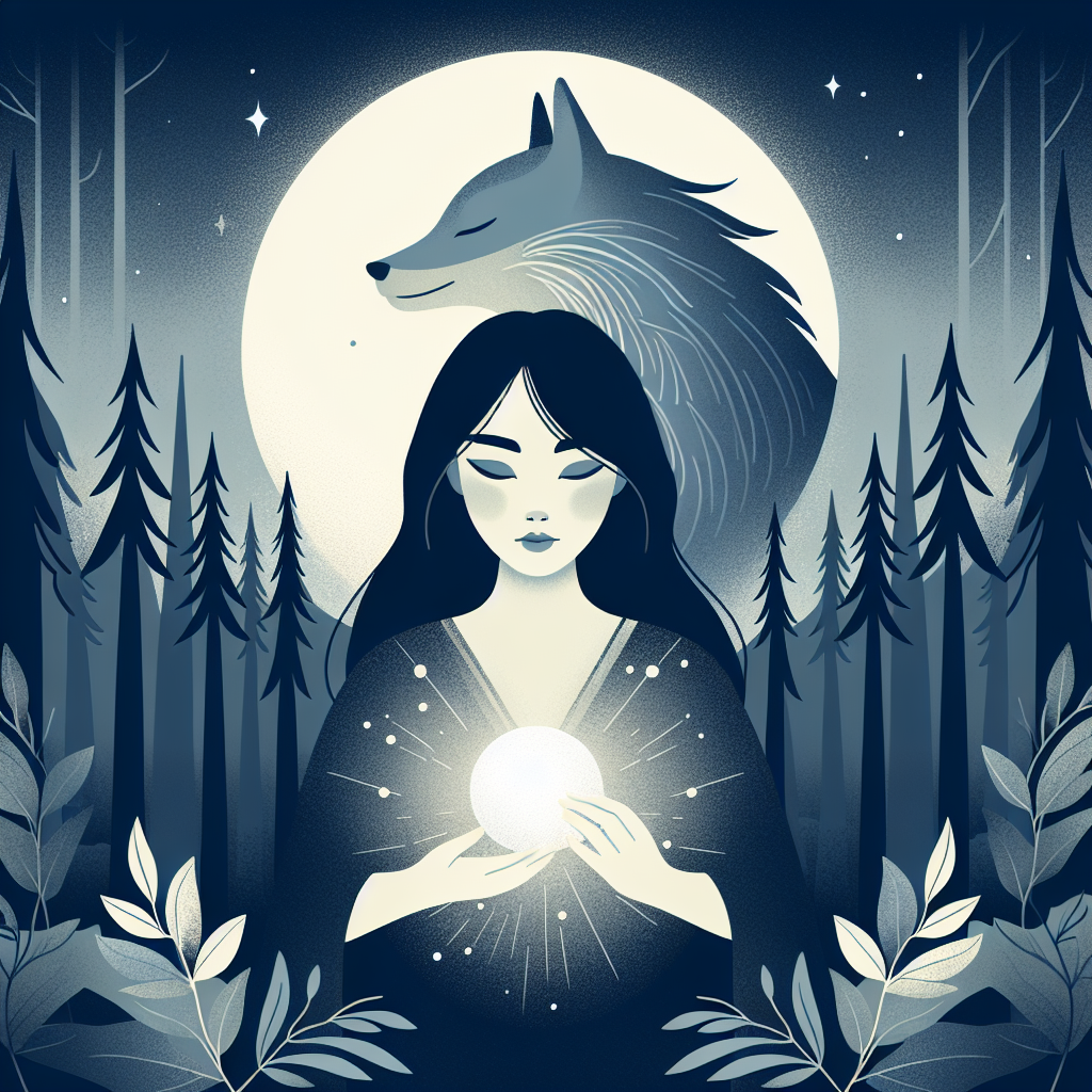 A mystical illustration of a gentle female wolf with warm, compassionate eyes standing in moonlit forest, surrounded by soft ethereal light that emphasizes her nurturing yet strong presence