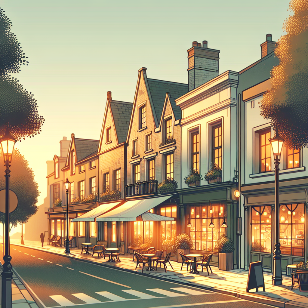 A charming small town main street at golden hour with quaint storefronts, a cozy cafe with warm lighting, and tree-lined sidewalks creating an intimate romantic atmosphere