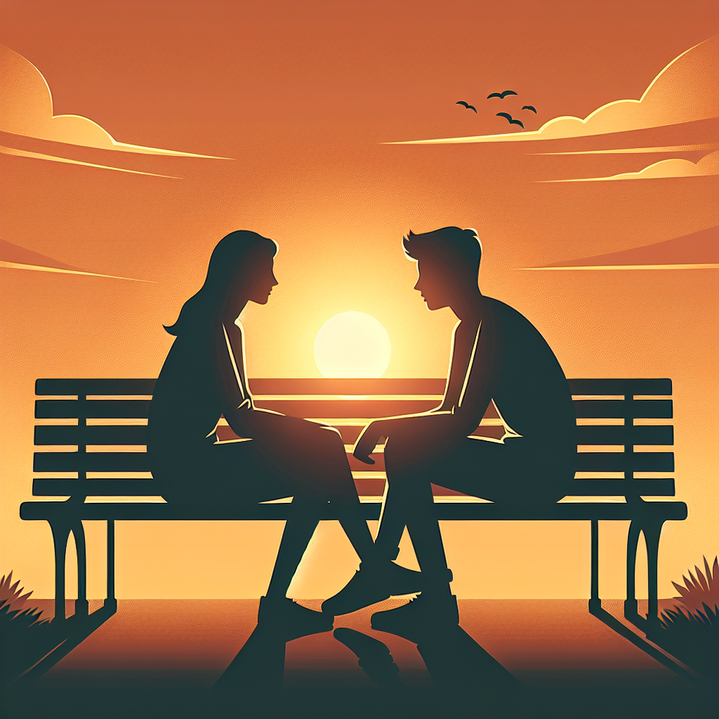 Two silhouetted figures sitting close together on a park bench at sunset, leaning toward each other in an intimate conversation, symbolizing the transition from friendship to romance
