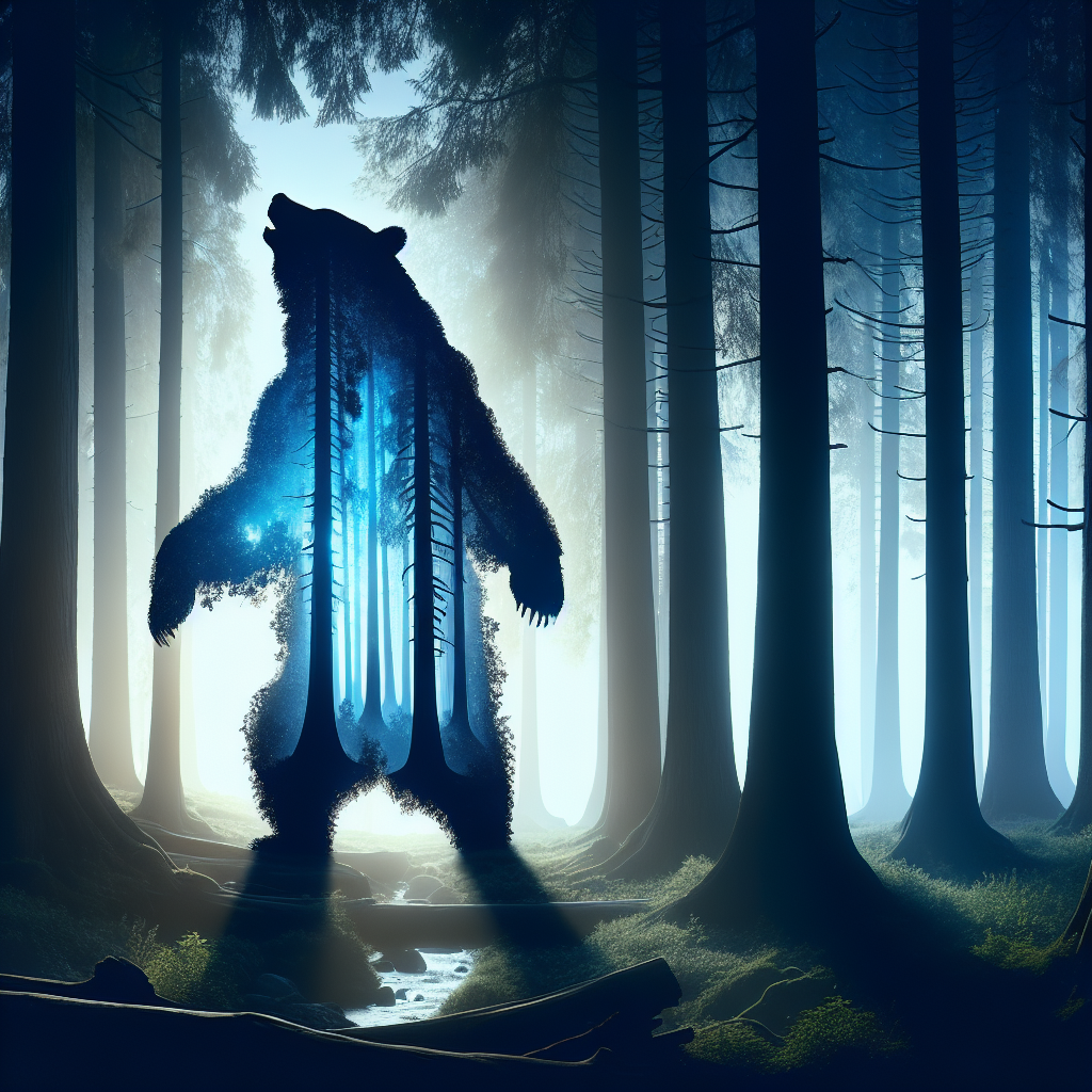 A mystical forest scene at twilight showing the silhouette of a massive bear transforming into a human figure, with ethereal light streaming through ancient trees