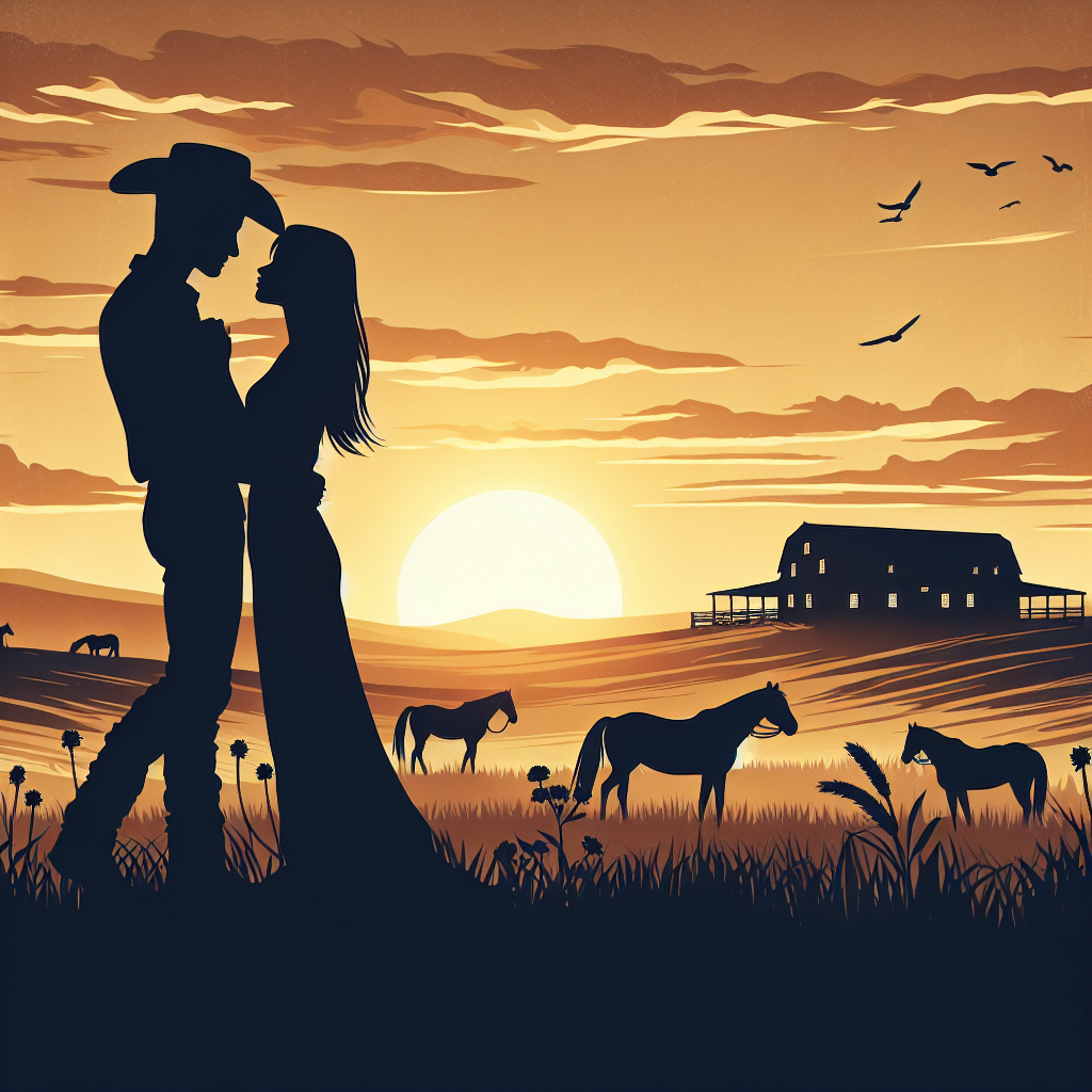 A romantic silhouette of a cowboy and woman embracing against a golden sunset over rolling ranch land, with a rustic barn and horses grazing in the distance