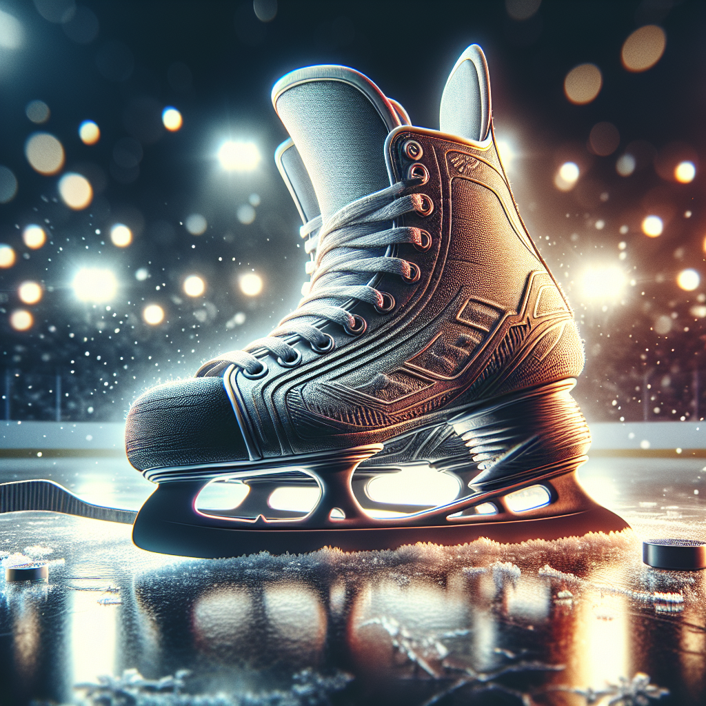 A dramatic close-up of hockey skates on ice with romantic bokeh lighting in the background, symbolizing the intersection of athletic intensity and romantic passion