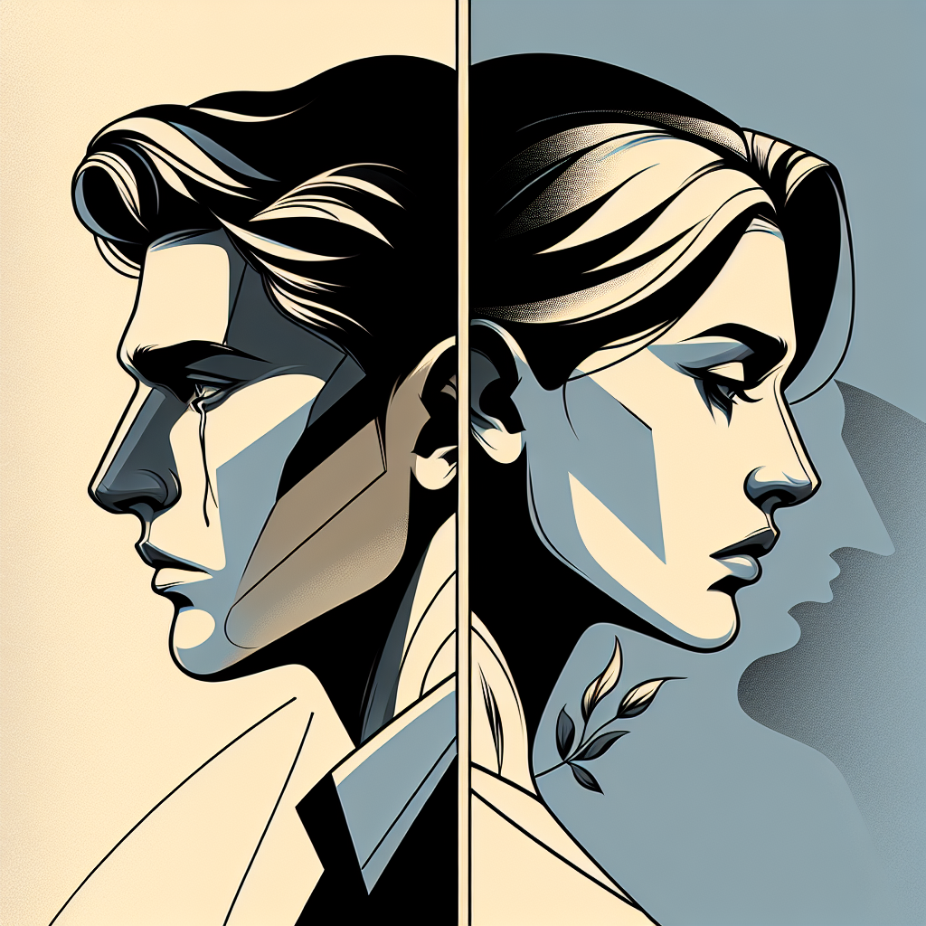 Split artistic composition showing two faces in profile against contrasting backgrounds, symbolizing the emotional conflict and duality present in cheating romance literature