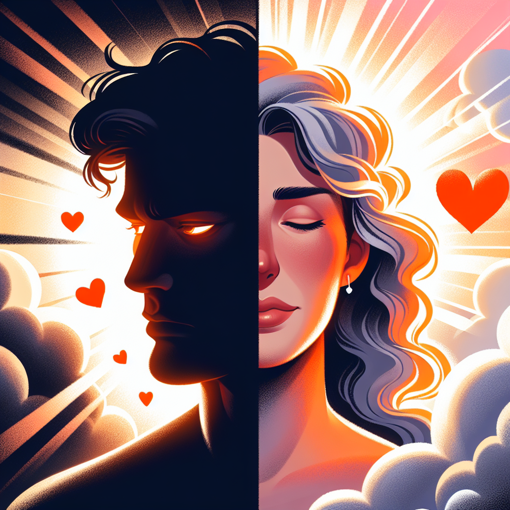 Split artistic illustration showing a brooding character in shadows on one side and a bright, cheerful character surrounded by warm light on the other, with hearts floating between them against a romantic background