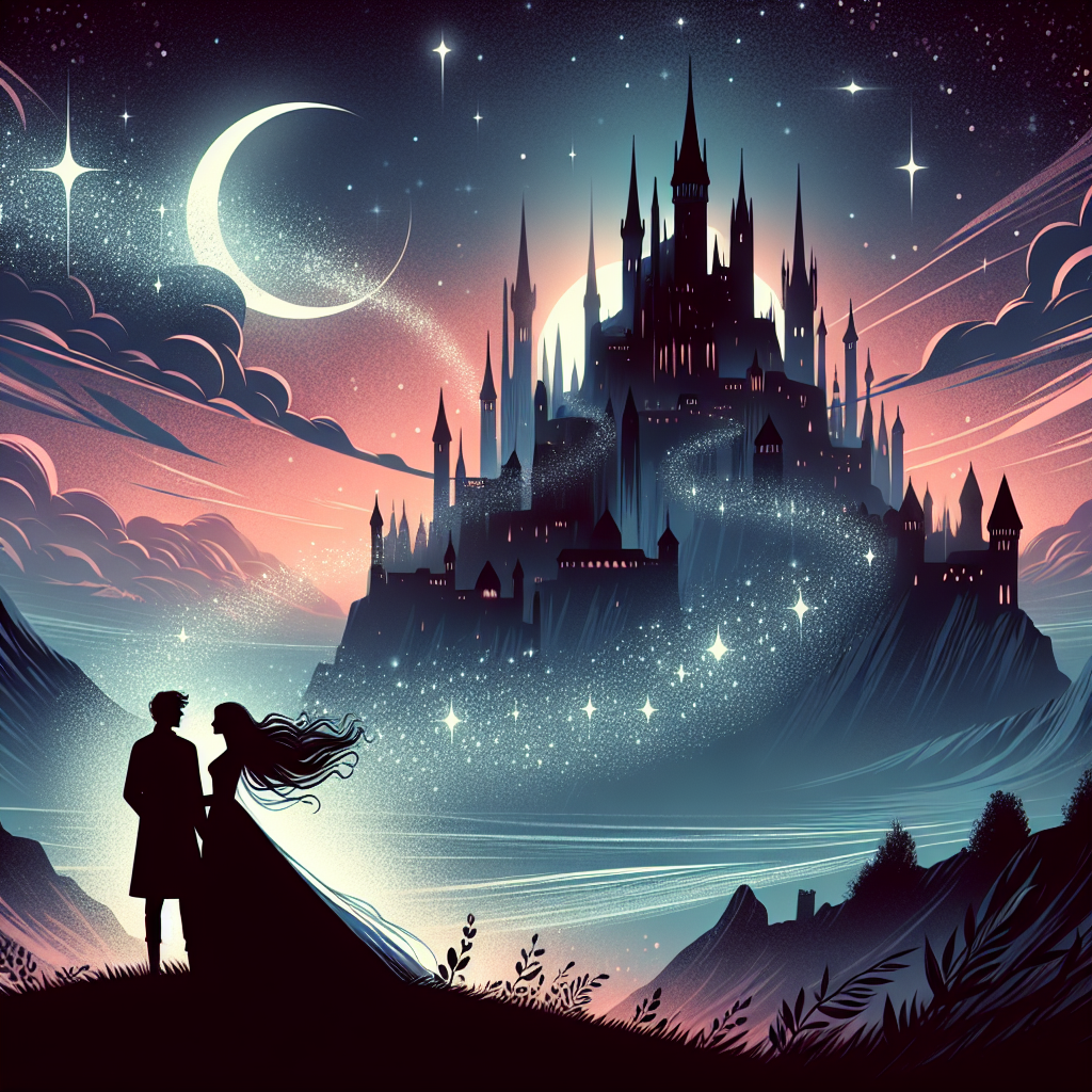 Ethereal fantasy landscape with an ancient castle silhouetted against a starlit sky, magical particles floating in the air, and two figures embracing in the foreground, symbolizing the timeless union of love and magic in fantasy romance literature