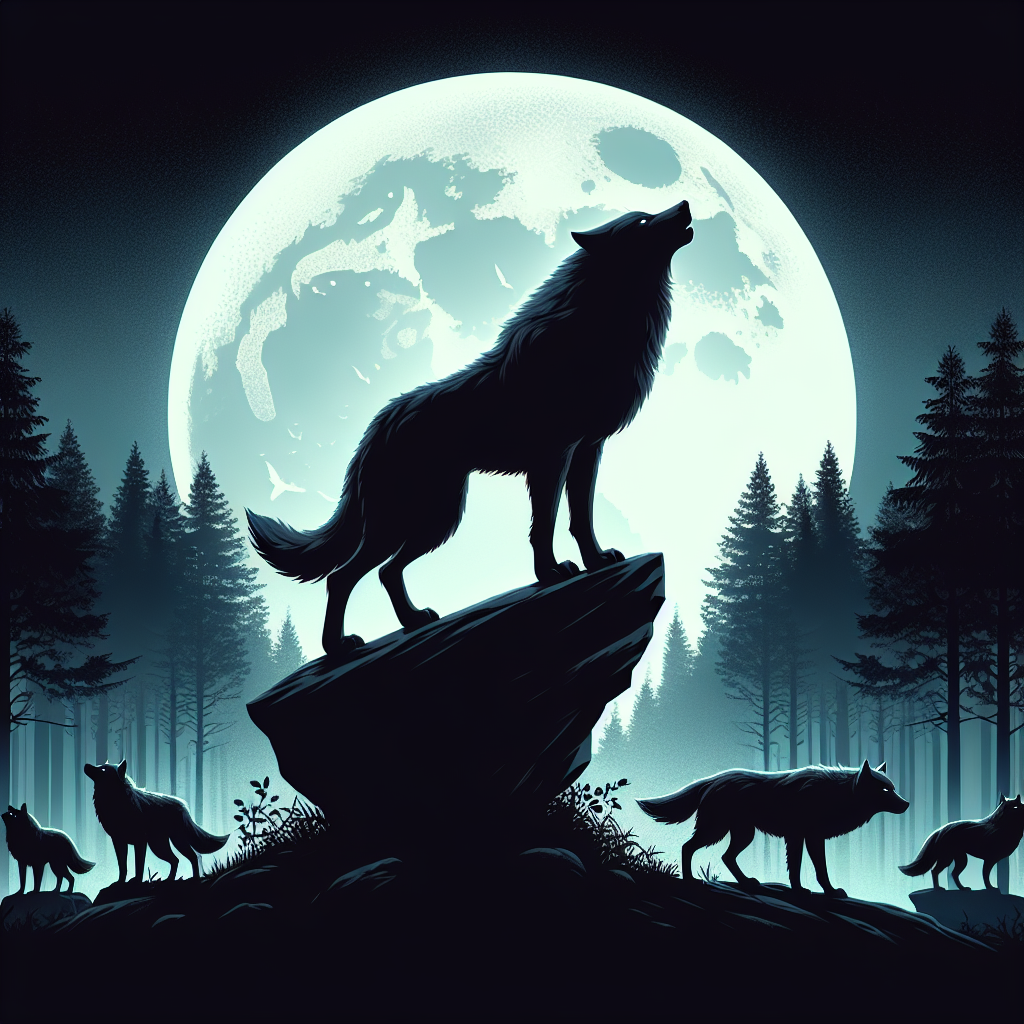 A dramatic moonlit forest scene showing two powerful werewolves - a dominant alpha standing tall on a rocky outcrop overlooking the pack territory, while a loyal beta stands slightly behind in a supportive stance, both silhouetted against a full moon with glowing eyes that reflect their supernatural nature.