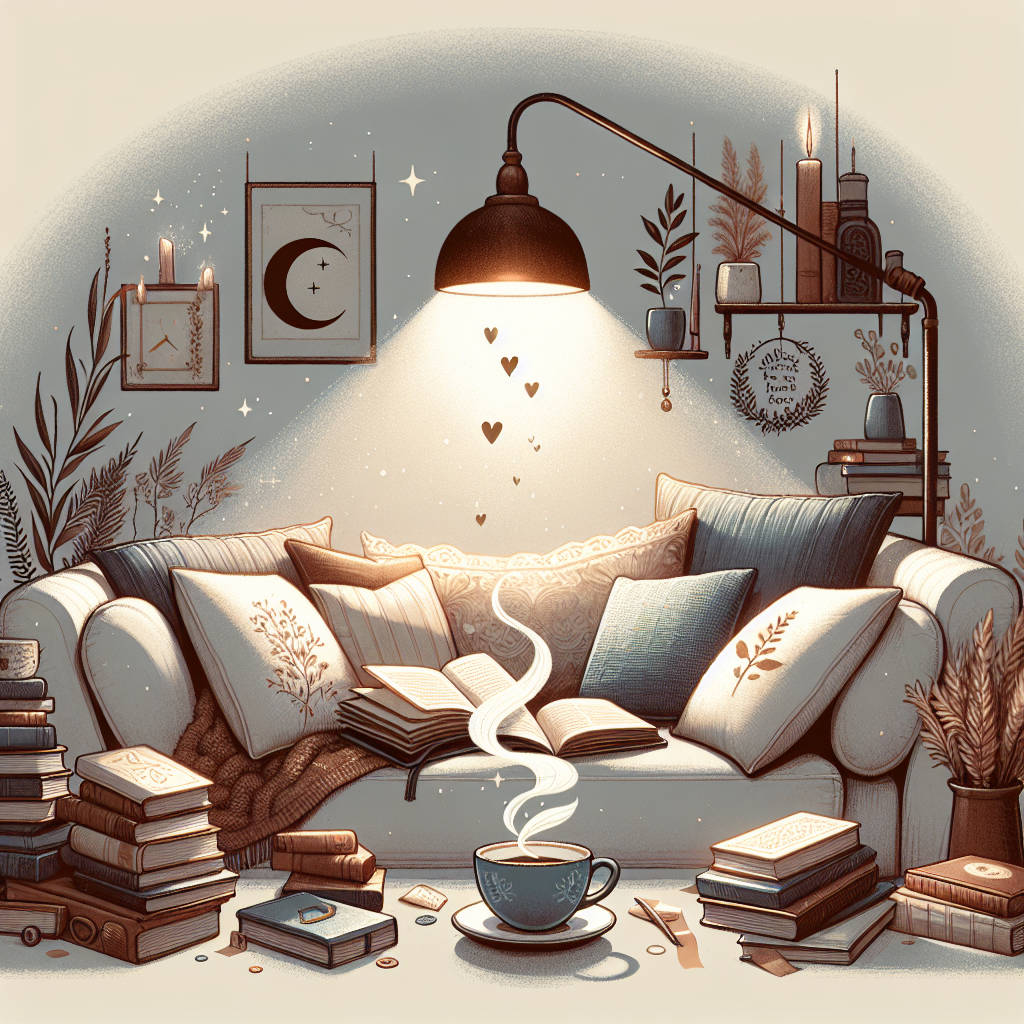 A cozy reading nook with romance novels scattered around, featuring a steaming coffee cup and soft lighting, symbolizing the warmth and comfort of single parent romance stories
