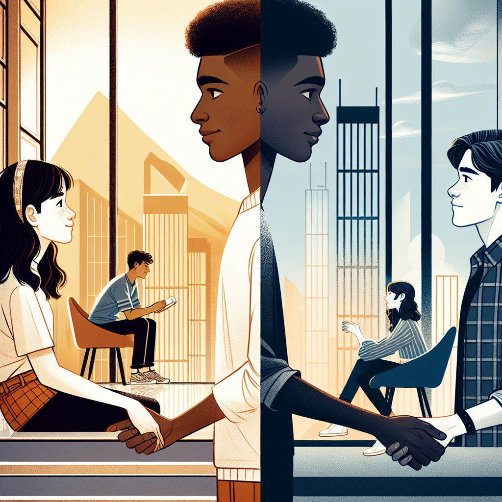 Split image showing a teenage couple holding hands in a high school hallway on the left side, and a young adult couple embracing in a modern apartment setting on the right side, representing the visual distinction between YA and NA romance genres