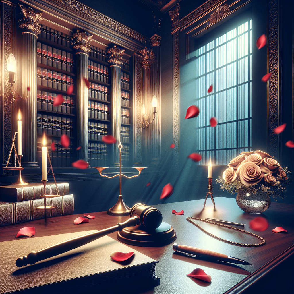 Elegant courtroom scene with dramatic lighting, featuring a gavel, legal books, and romantic elements like scattered rose petals, symbolizing the intersection of law and love in legal romance novels