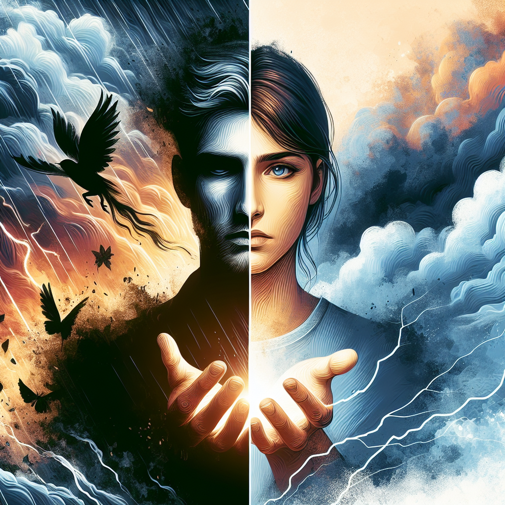 Split artistic composition showing contrasting emotions - one side depicting tension and conflict with dark, stormy imagery, the other showing warmth and connection with soft lighting, symbolizing the transformation journey in bully romance narratives