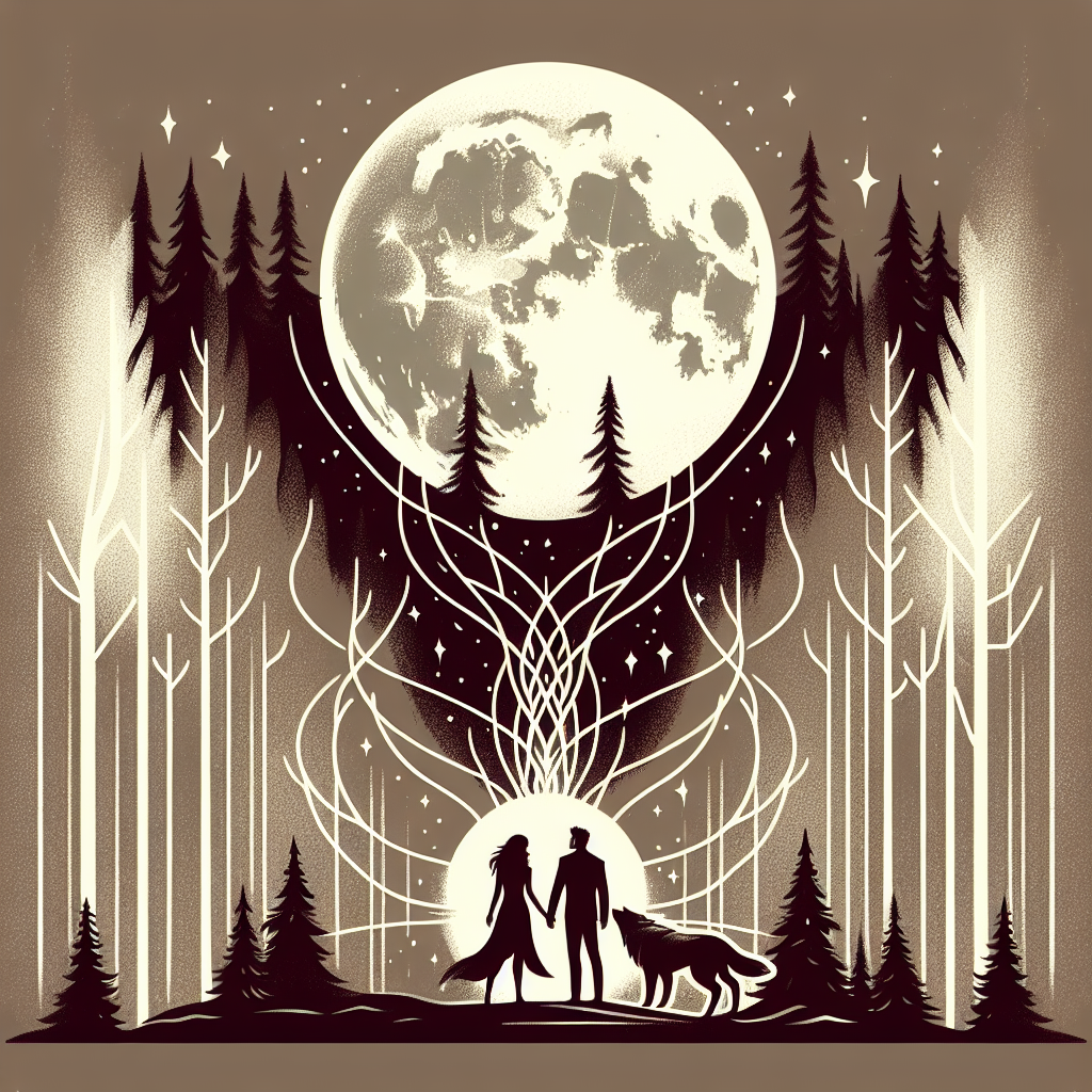 Artistic illustration showing a mystical forest scene with two silhouettes - one human and one wolf - connected by glowing ethereal threads under a full moon, representing the supernatural bond between fated mates in werewolf romance literature