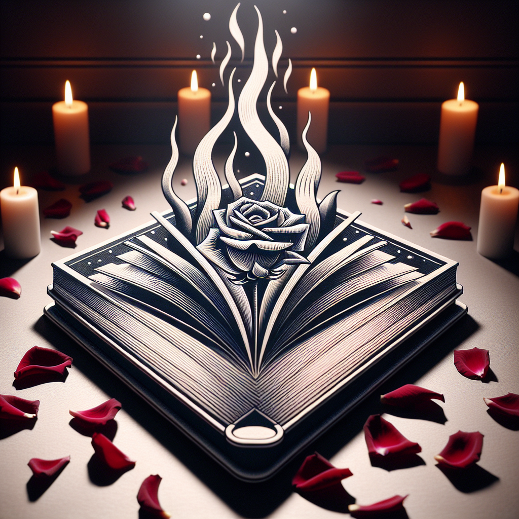 Close-up of an open romance novel with steam rising from its pages, surrounded by rose petals and soft candlelight, symbolizing the passionate and steamy nature of smutty romance literature