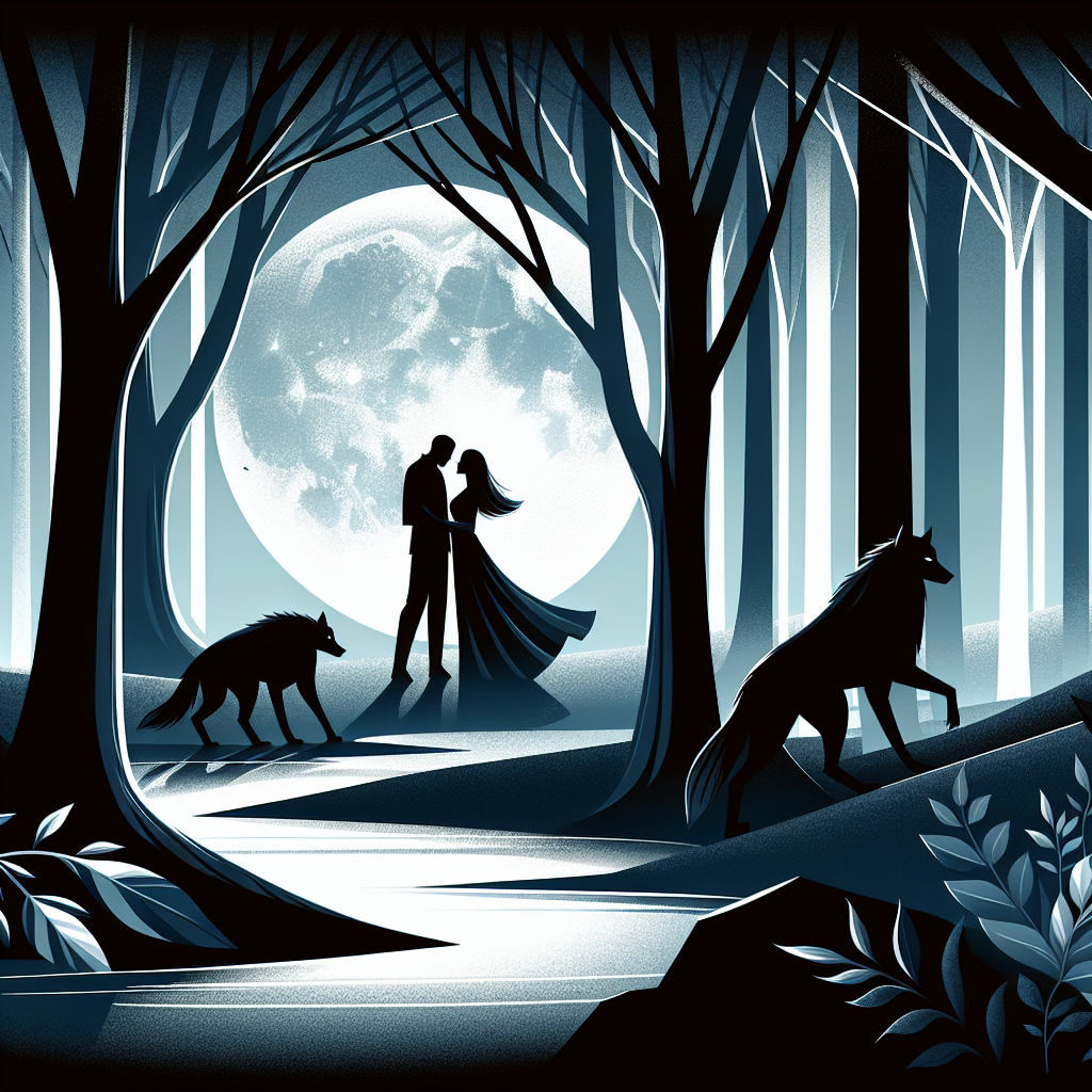 Atmospheric moonlit forest scene with silhouettes of wolves under a full moon, romantic couple embracing in shadowy foreground with mystical blue and silver lighting