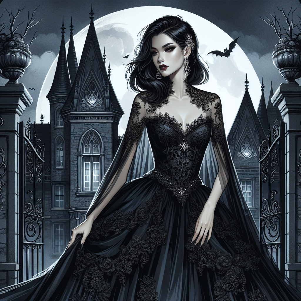 Elegant female vampire in flowing black Victorian gown with intricate lace details, standing in moonlit gothic mansion doorway, embodying timeless vampiric elegance and mystery