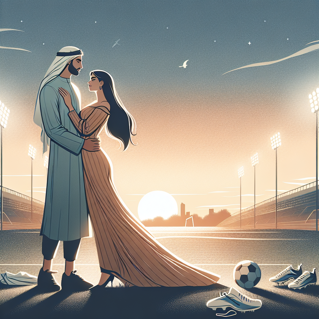 Romantic couple embracing on a sports field at sunset, with stadium lights glowing in the background and sports equipment scattered nearby, symbolizing the perfect blend of athletic passion and romantic tension