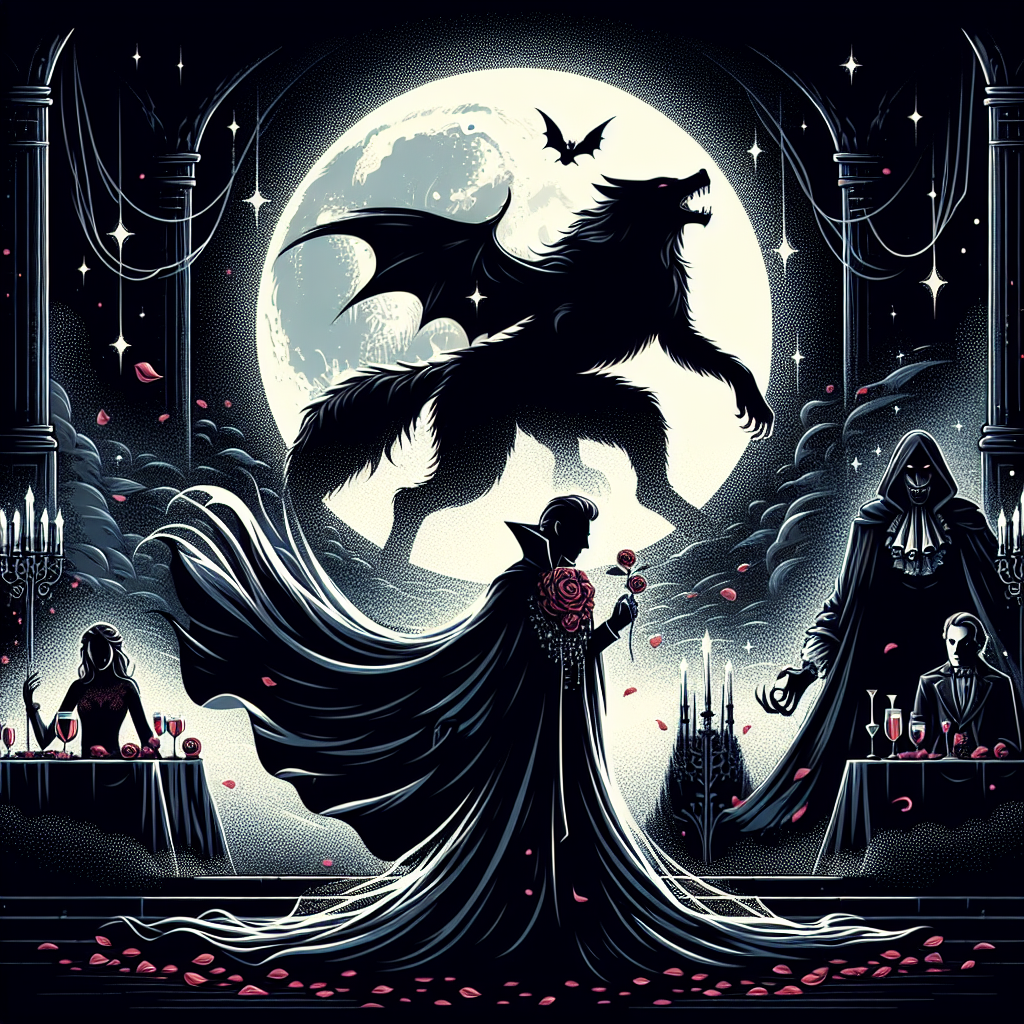 A mystical moonlit scene featuring silhouettes of supernatural beings - a vampire with flowing cape, a werewolf mid-transformation, and a ghostly figure - surrounded by romantic rose petals and magical sparkles against a dark gothic backdrop