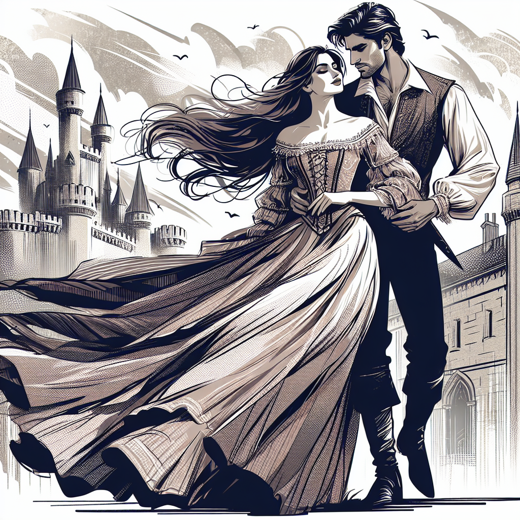 A dramatic romantic scene featuring a woman in a flowing period dress with windswept hair in the arms of a handsome man against a backdrop of a medieval castle or historical setting, embodying the classic bodice ripper aesthetic