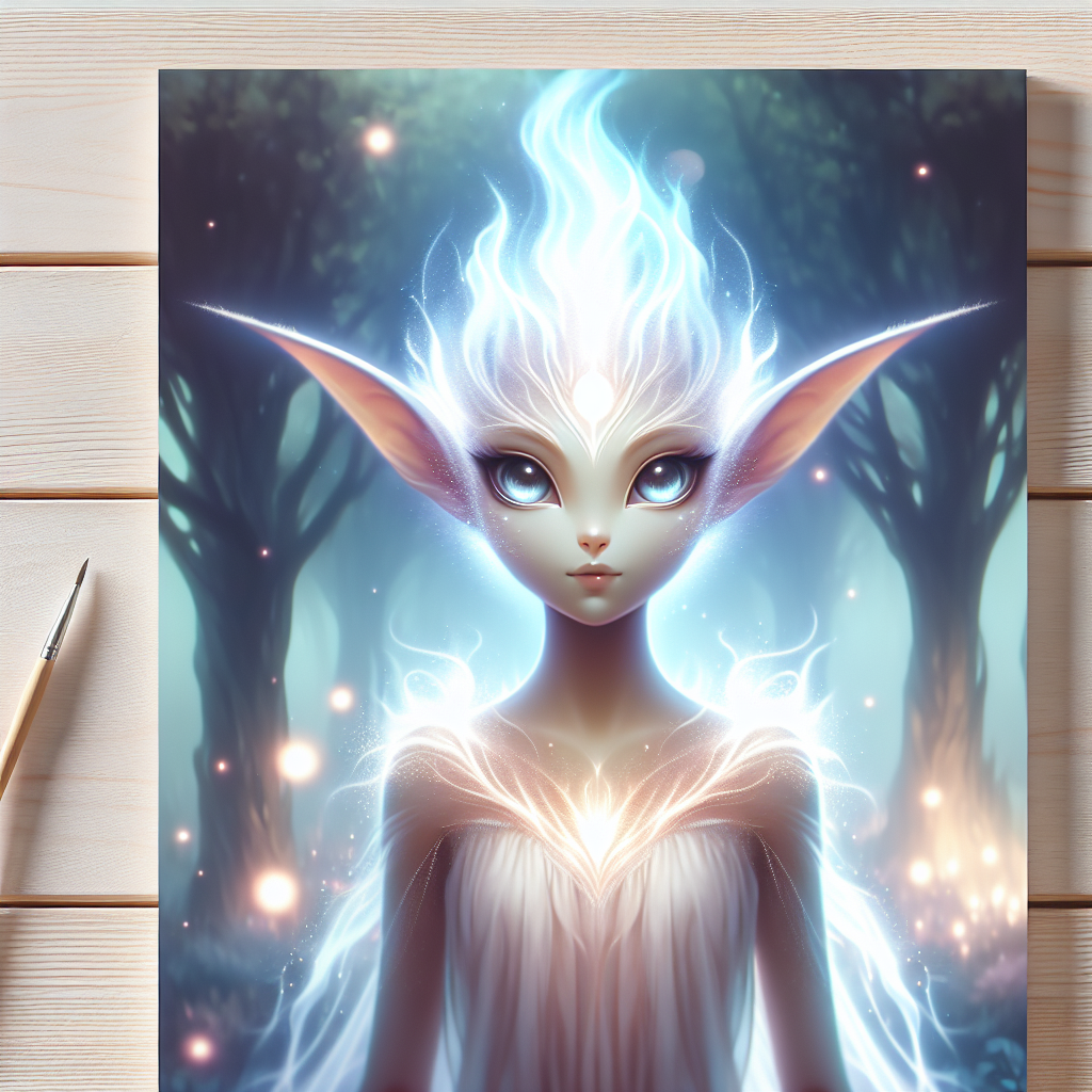 Ethereal fantasy illustration of a beautiful fayre with luminous eyes and pointed ears standing in a mystical forest with glowing magical light swirling around them