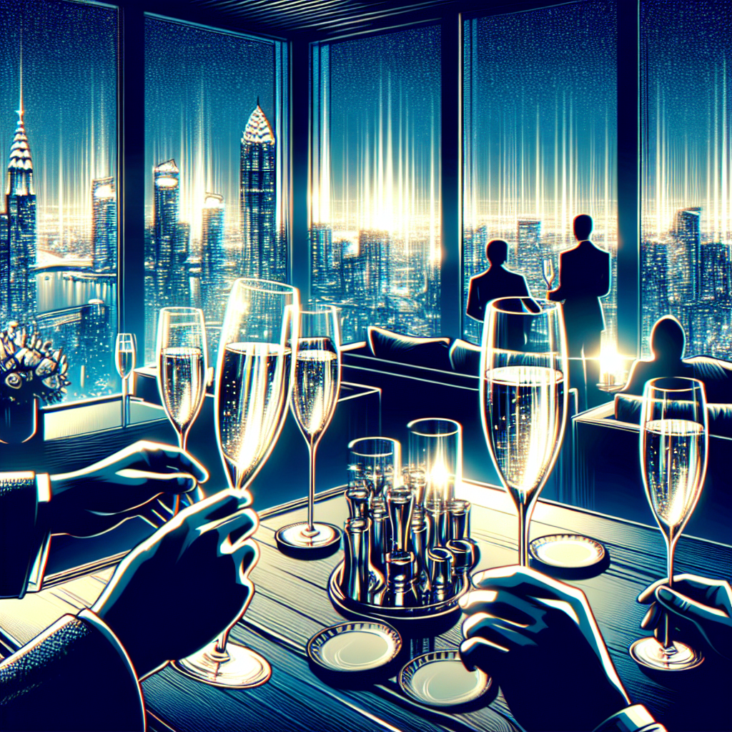Elegant champagne glasses clinking against a backdrop of city lights viewed from a luxury penthouse, symbolizing the opulent world of billionaire romance novels