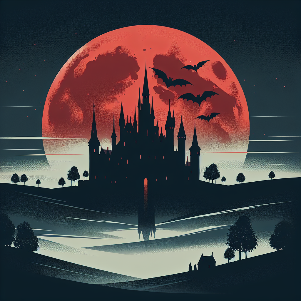A gothic castle silhouetted against a blood-red moon with shadows of bats flying across a dark, misty landscape