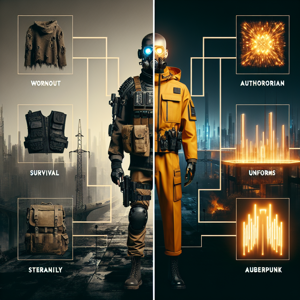 A moody composition showing contrasting dystopian fashion elements: weathered survival gear, sleek authoritarian uniforms, and neon-lit cyberpunk accessories arranged against a backdrop of ruined cityscape and sterile futuristic architecture