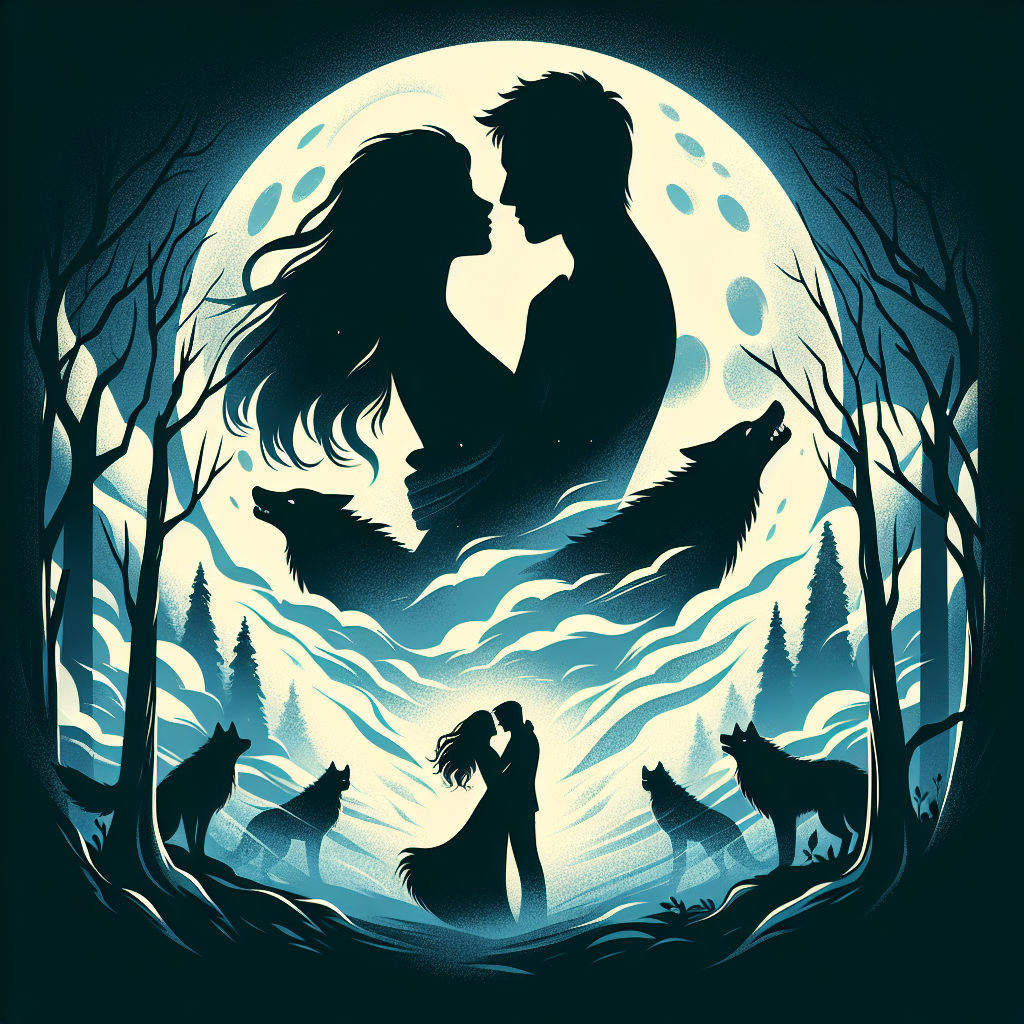 A mysterious silhouette of a couple embracing against a full moon backdrop, with shadowy wolf forms in the misty forest background, representing the duality and passion of werewolf romance