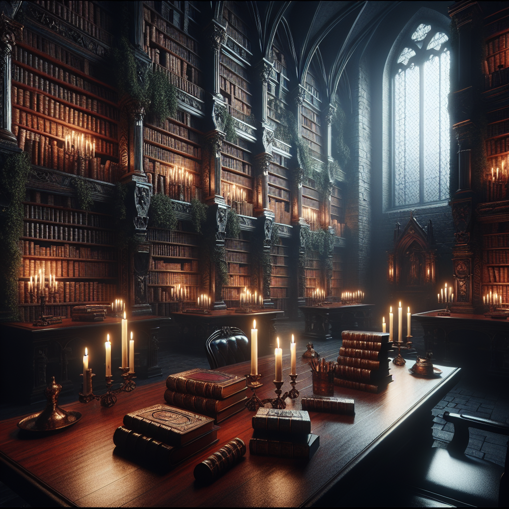 A dimly lit gothic library with towering bookshelves, vintage leather-bound books, candlelight flickering across mahogany tables, and ivy-covered stone walls creating an atmospheric dark academia setting
