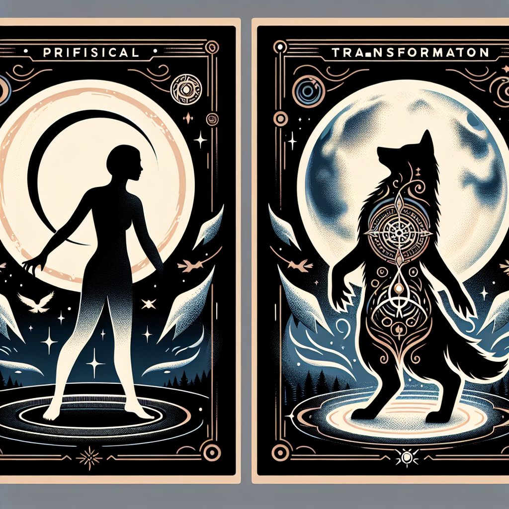 A dramatic split-screen illustration showing a human silhouette morphing into a wolf form under moonlight, with ancient mystical symbols and transformation elements swirling around the figure