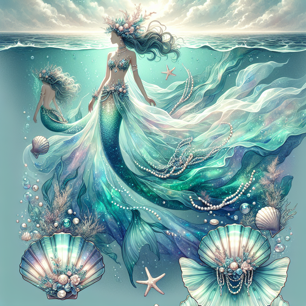 A dreamy underwater scene featuring flowing seafoam green and iridescent blue fabrics with pearl accessories and seashell crowns, capturing both the ethereal and mysterious sides of mermaid aesthetic