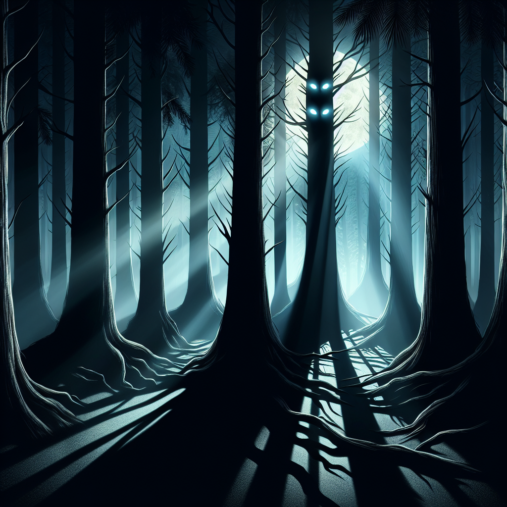 Mystical forest scene with a full moon casting ethereal light through dark trees, with glowing eyes visible in shadows and swirling mist creating an atmosphere of primal mystery and supernatural romance