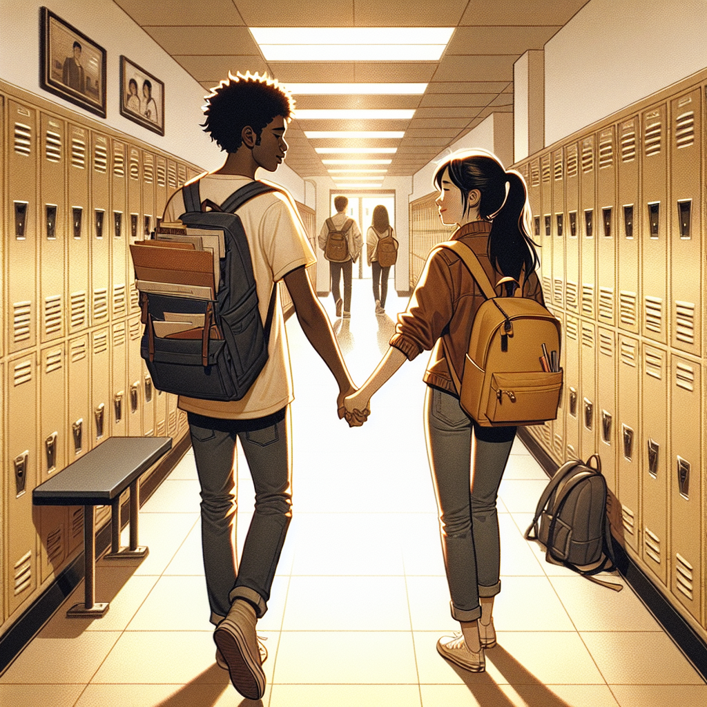 Two teenagers holding hands while walking through a high school hallway lined with lockers, backpacks slung over shoulders, captured in warm golden lighting that evokes the nostalgic feeling of young love