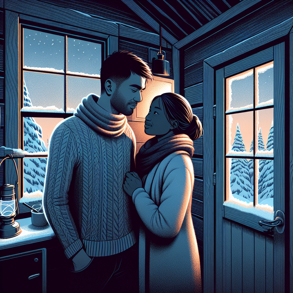Two people standing close together in a cozy, dimly lit cabin interior with snow visible through frosted windows, suggesting they're snowed in together