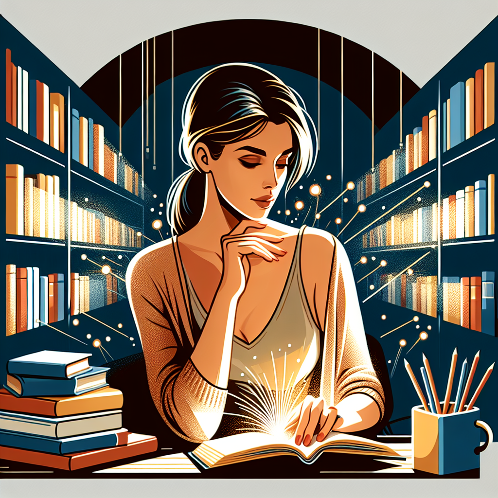 A confident woman reading a romance novel while sitting in a cozy reading nook, surrounded by bookshelves filled with colorful romance book spines, with warm lighting creating an empowering and intimate atmosphere