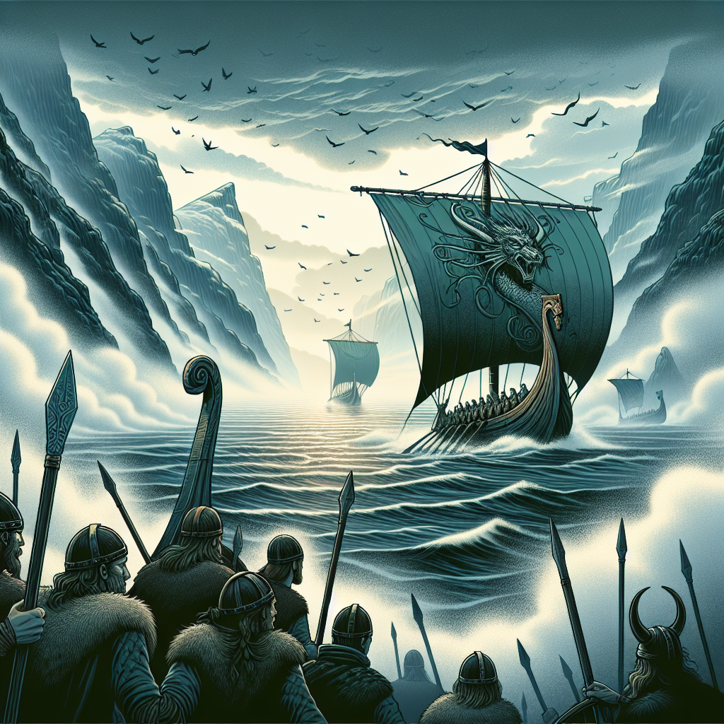 A dramatic scene of Viking longships with dragon-headed prows cutting through misty fjords under stormy skies, with warriors in fur-lined cloaks and braided hair standing at the bow, evoking the romantic and mythological atmosphere of Norse culture.