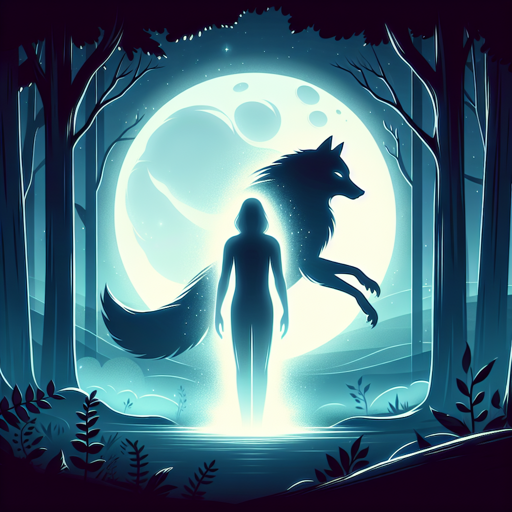 A mystical silhouette of a figure mid-transformation, with ethereal light surrounding them as they shift between human and wolf forms against a moonlit forest backdrop