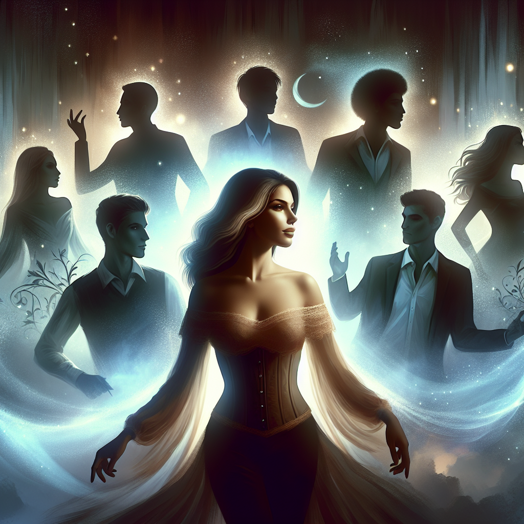 Artistic illustration showing a confident woman in the center surrounded by silhouettes of multiple male figures in a romantic fantasy setting with ethereal lighting and mystical elements