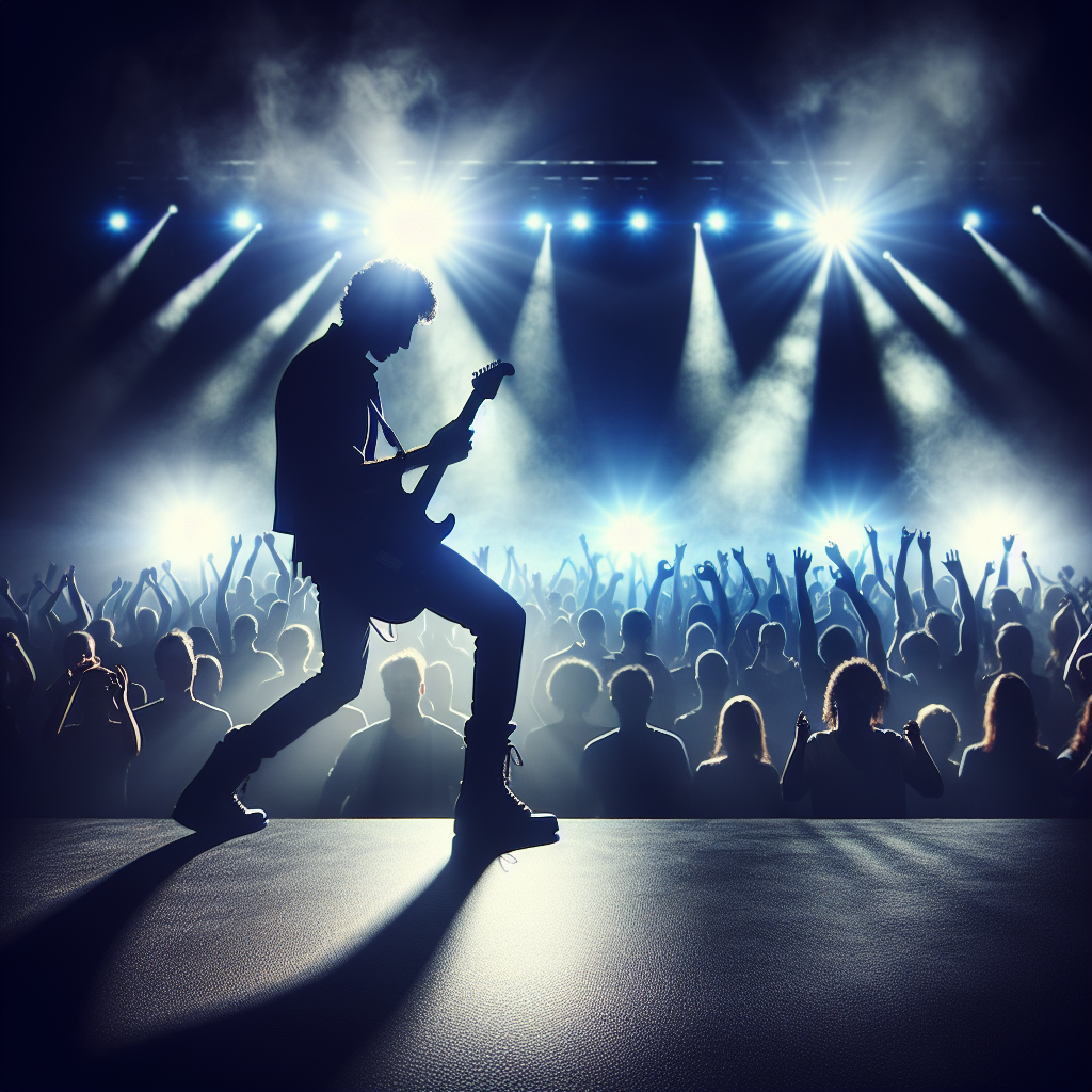 Silhouette of a guitarist performing on stage with dramatic lighting and a crowd in the background, representing the glamorous world of rockstar romance novels