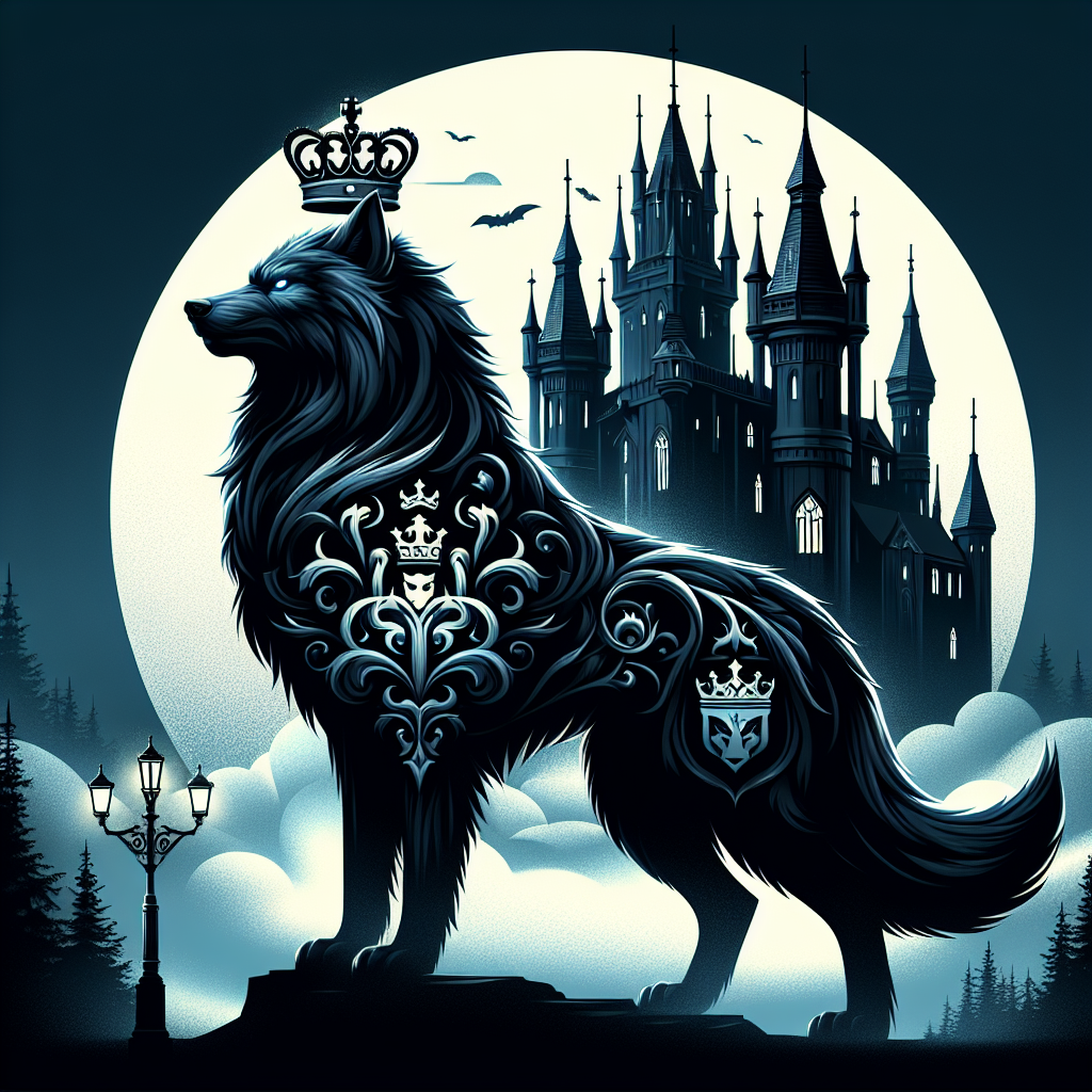 A majestic werewolf silhouette crowned against a full moon backdrop, surrounded by ornate royal symbols and gothic castle towers shrouded in mist