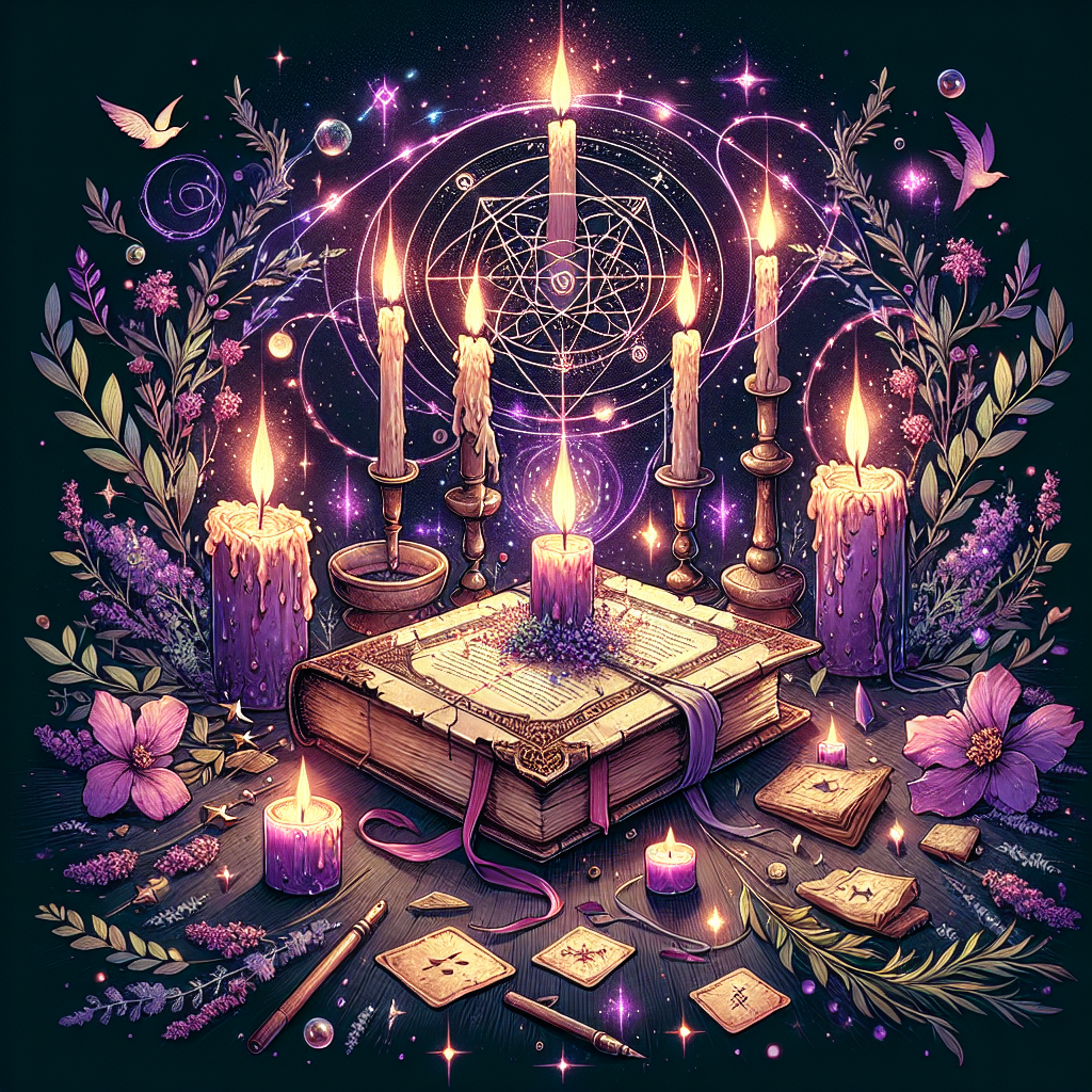 A mystical book surrounded by flickering candles, dried herbs, and glowing magical symbols, with ethereal purple and golden light creating an enchanting romantic atmosphere