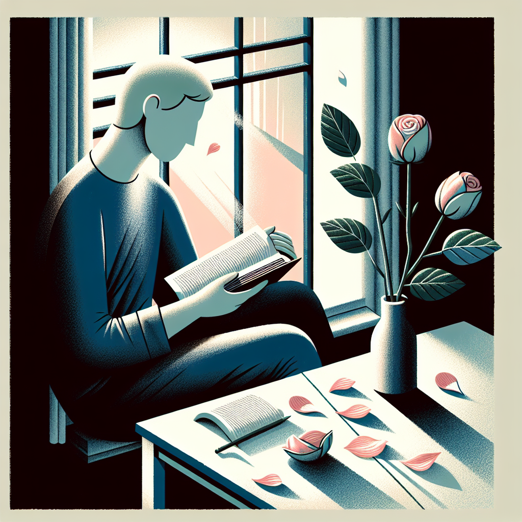 A solitary figure sitting by a window with soft lighting, holding an open book, with scattered flower petals on the table beside them, symbolizing the bittersweet nature of unrequited love stories