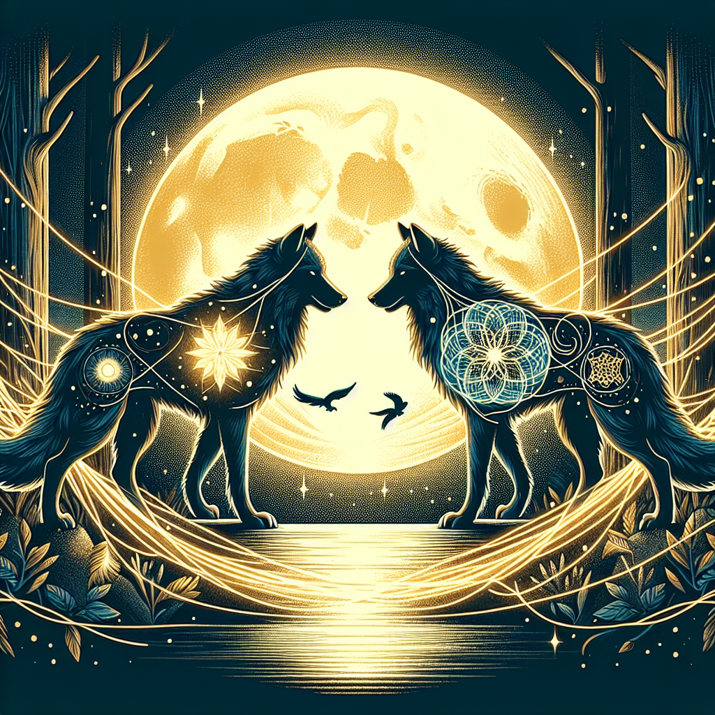 A mystical forest scene with two wolves silhouetted against a full moon, their eyes glowing as ethereal golden threads of light connect them, symbolizing the supernatural bond of werewolf imprinting