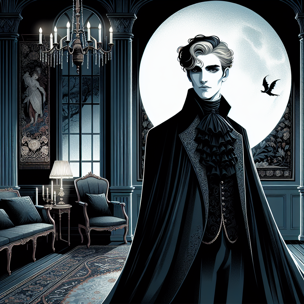Elegant vampire in flowing black cape with high collar standing in moonlit Gothic mansion, showcasing classic dark romantic aesthetic with pale skin and mysterious demeanor