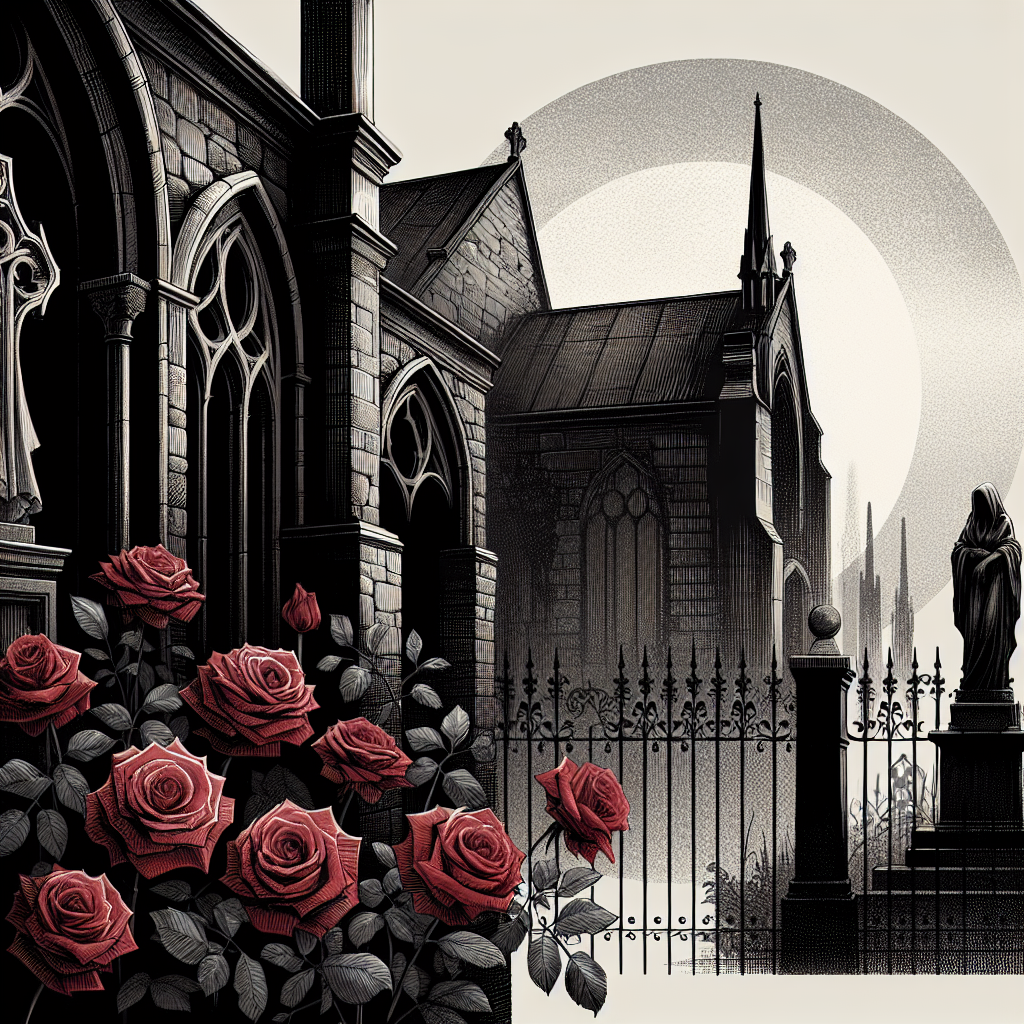 Moody atmospheric image featuring gothic architecture with dramatic shadows, deep red roses, and vintage elements symbolizing the dark romance aesthetic