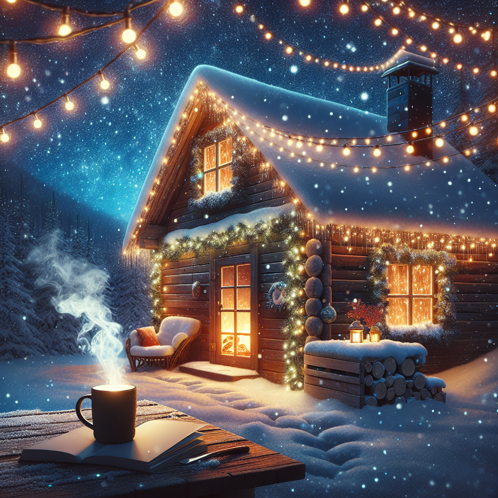 Cozy winter scene with snow-covered cabin, twinkling Christmas lights, steaming mug of hot cocoa on windowsill, and romance novel beside crackling fireplace