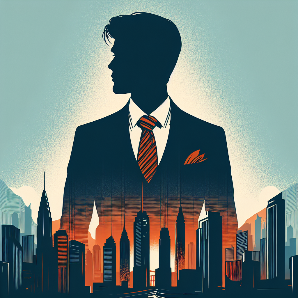 A silhouette of a confident man in a business suit standing against a city skyline at sunset, representing the powerful and mysterious nature of alpha male romance heroes